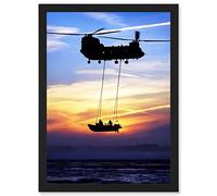 Artery8 Military UK British Chinook Helicopter Royal Marines Artwork Framed Wall Art Print A4