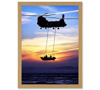 Artery8 Military UK British Chinook Helicopter Royal Marines Artwork Framed Wall Art Print A4