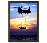 Military UK British Chinook Helicopter Royal Marines Artwork Framed Wall Art Print A4 Artery8 Brown One Size