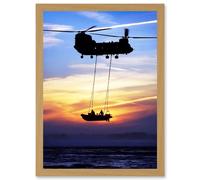 Military UK British Chinook Helicopter Royal Marines Artwork Framed Wall Art Print A4 Artery8 Light Oak One Size