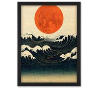 Artery8 Minimalist Large Orange Moon Over Ocean Waves Ukiyo-e Style Artwork Framed Wall Art Print A4 in Black Artery8 Black