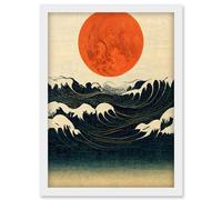 Artery8 Minimalist Large Orange Moon Over Ocean Waves Ukiyo-e Style Artwork Framed Wall Art Print A4 in White Artery8 White