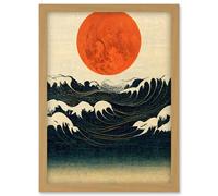 Artery8 Minimalist Large Orange Moon Over Ocean Waves Ukiyo-e Style Artwork Framed Wall Art Print A4 in Light Oak Artery8 Light Oak