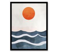 Artery8 Minimalist Large Sunset Sun Over Ocean Waves Bathroom Toilet Artwork Framed Wall Art Print 18X24 Inch