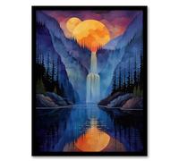 Wall Art Print Mirror Moon Waterfall Watercolour Night Mystic Art Framed Poster Artery8 Black A4