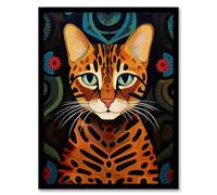 Artery8 Mischievous Bengal Cat Orange Blue Green Oil Painting with Abstract Botanical Patterns Artwork Framed Wall Art Print 18X24 Inch