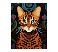 Artery8 Mischievous Bengal Cat Orange Blue Green Oil Painting with Abstract Botanical Patterns Extra Large XL Wall Art Poster Print