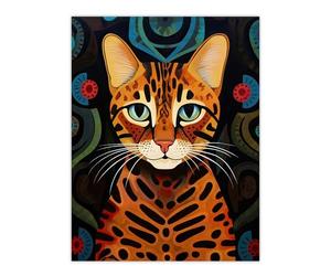 Artery8 Mischievous Bengal Cat Orange Blue Green Oil Painting with Abstract Botanical Patterns Extra Large XL Wall Art Poster Print