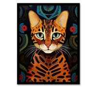 Artery8 Mischievous Bengal Cat Orange Blue Green Oil Painting with Abstract Botanical Patterns Artwork Framed Wall Art Print A4