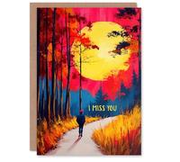 Artery8 Miss You Card Autumn Forest Path Walk Vibrant Sunset Sky Blank For Him Or Her Art Greeting Card