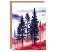 Artery8 Greeting Card Misty Pine Tree Forest Blue Red Landscape Blank For Him Or Her Art Birthday Card