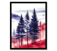 Artery8 Misty Pine Tree Forest Blue Red Landscape Living Room Artwork Framed Wall Art Print A4