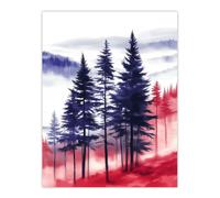 Artery8 Misty Pine Tree Forest Blue Red Landscape Living Room Extra Large XL Wall Art Poster Print