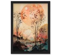 Artery8 Misty Riverside Trees Sunset Landscape Modern Boho Watercolour Painting Artwork Framed Wall Art Print A4
