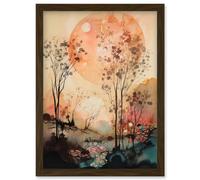 Artery8 Misty Riverside Trees Sunset Landscape Modern Boho Watercolour Painting Artwork Framed Wall Art Print A4