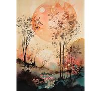Artery8 Misty Riverside Trees Sunset Landscape Modern Boho Watercolour Painting Extra Large XL Wall Art Poster Print