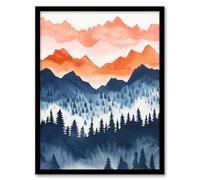 Artery8 Misty South American Forest Orange Blue Watercolour Living Room Artwork Framed Wall Art Print A4