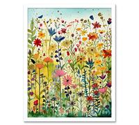 Wall Art Print Mixed Wildflower Bloom In Meadow Folk Art Framed Artery8 White W12 inch x H16 inch