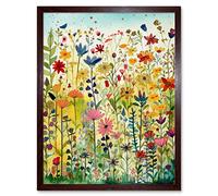 Wall Art Print Mixed Wildflower Bloom In Meadow Folk Art Framed Artery8 Brown W12 inch x H16 inch