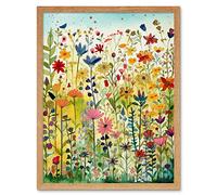 Wall Art Print Mixed Wildflower Bloom In Meadow Folk Art Framed Artery8 Light Oak W12 inch x H16 inch