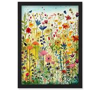 Mixed Wildflower Bloom In Meadow Folk Art Artwork Framed Wall Art Print A4 Artery8 Black One Size