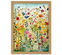 Mixed Wildflower Bloom In Meadow Folk Art Artwork Framed Wall Art Print A4 Artery8 Light Oak One Size