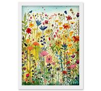 Artery8 Mixed Wildflower Bloom In Meadow Folk Art Artwork Framed Wall Art Print A4