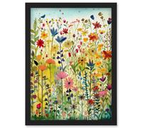 Artery8 Mixed Wildflower Bloom In Meadow Folk Art Artwork Framed Wall Art Print A4 in Black Artery8 Black