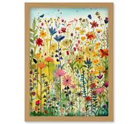 Mixed Wildflower Bloom In Meadow Folk Art Artwork Framed Wall Art Print A4 Artery8 Light Oak One Size