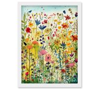 Mixed Wildflower Bloom In Meadow Folk Art Artwork Framed Wall Art Print A4 Artery8 White One Size