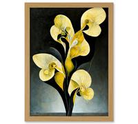 Artery8 Modern Abstract Black Yellow Orchid Flower Artwork Framed Wall Art Print A4 in Light Oak Artery8 Light Oak