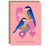 Artery8 Modern Abstract Blue Tit Birds and Love Hearts Valentine's Day Card