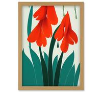 Artery8 Modern Abstract Crimson Red Bloom Wild Flowers Teal Leaves on White Artwork Framed Wall Art Print A4 in Light Oak Artery8 Light Oak