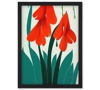 Wee Blue Coo Modern Abstract Crimson Red Bloom Wild Flowers Teal Leaves on White Artwork Framed Wall Art Print A4