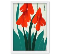 Artery8 Modern Abstract Crimson Red Bloom Wild Flowers Teal Leaves on White Artwork Framed Wall Art Print A4 Artery8 White