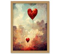 Artery8 Modern Abstract Floating Red Love Heart Balloons Artwork Framed Wall Art Print A4 in Light Oak Artery8 Light Oak