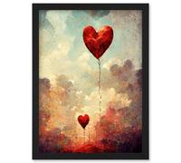 Modern Abstract Floating Red Love Heart Balloons Artwork Framed Wall Art Print A4 Artery8 Black One Size