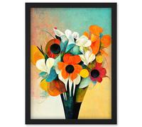 Doppelganger33 LTD Modern Abstract Oil Paint Vibrant Summer Flower Bouquet In Vase Artwork Framed Wall Art Print A4