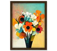 Doppelganger33 LTD Modern Abstract Oil Paint Vibrant Summer Flower Bouquet In Vase Artwork Framed Wall Art Print A4