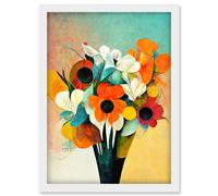 Doppelganger33 LTD Modern Abstract Oil Paint Vibrant Summer Flower Bouquet In Vase Artwork Framed Wall Art Print A4