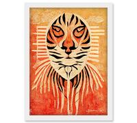 Artery8 Modern Abstract Painting Quirky Tiger Warm Orange Artwork Framed Wall Art Print A4 in White Artery8 White