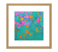 Artery8 Modern Abstract Pink Orange Circles On Teal Colourful Square Wooden Framed Wall Art Print Picture 8X8 Inch in Light Oak Artery8 Light Oak