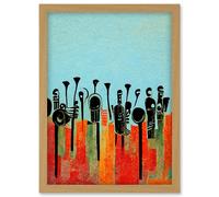 Artery8 Modern Abstract Surreal Marching Band Musical Trumpets Painting Artwork Framed Wall Art Print A4 in Light Oak Artery8 Light Oak