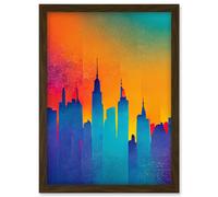 Wee Blue Coo Modern Abstract Warm Bright Colourful New York Sunset Skyline Artwork Framed Wall Art Print A4