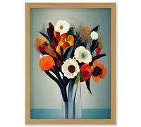 Artery8 Modern Abstract Winter Flower Floral Bouquet Orange Yellow Blue White Acrylic Paint Artwork Framed Wall Art Print A4 in Light Oak Artery8 Light Oak