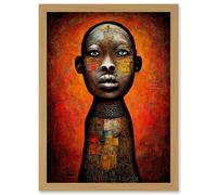 Artery8 Modern African Oil Ceremonial Statue Artwork Framed Wall Art Print A4 in Light Oak Artery8 Light Oak