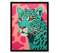Artery8 Modern Aqua Green Leopard Print On Pink Pop Art Style Risograph Artwork Painting Artwork Framed Wall Art Print 18X24 Inch