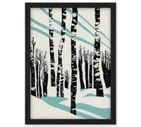 Artery8 Modern Birch Tree Forest In Winter Modern Stencil Design Monochrome And Teal Wall Art Print - A4 Size