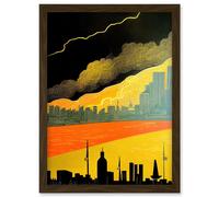 Modern Black Yellow Orange Linocut London Skyline Cityscape Storm Lightning Artwork Framed Wall Art Print A4 Artery8 Brown One Size