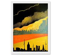 Modern Black Yellow Orange Linocut London Skyline Cityscape Storm Lightning Artwork Framed Wall Art Print A4 Artery8 White One Size